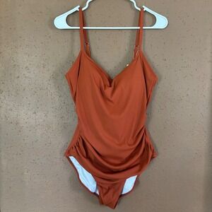Eomenie Womens Ribbed Ruched One Piece Swimsuit Rust Orange XL NWT